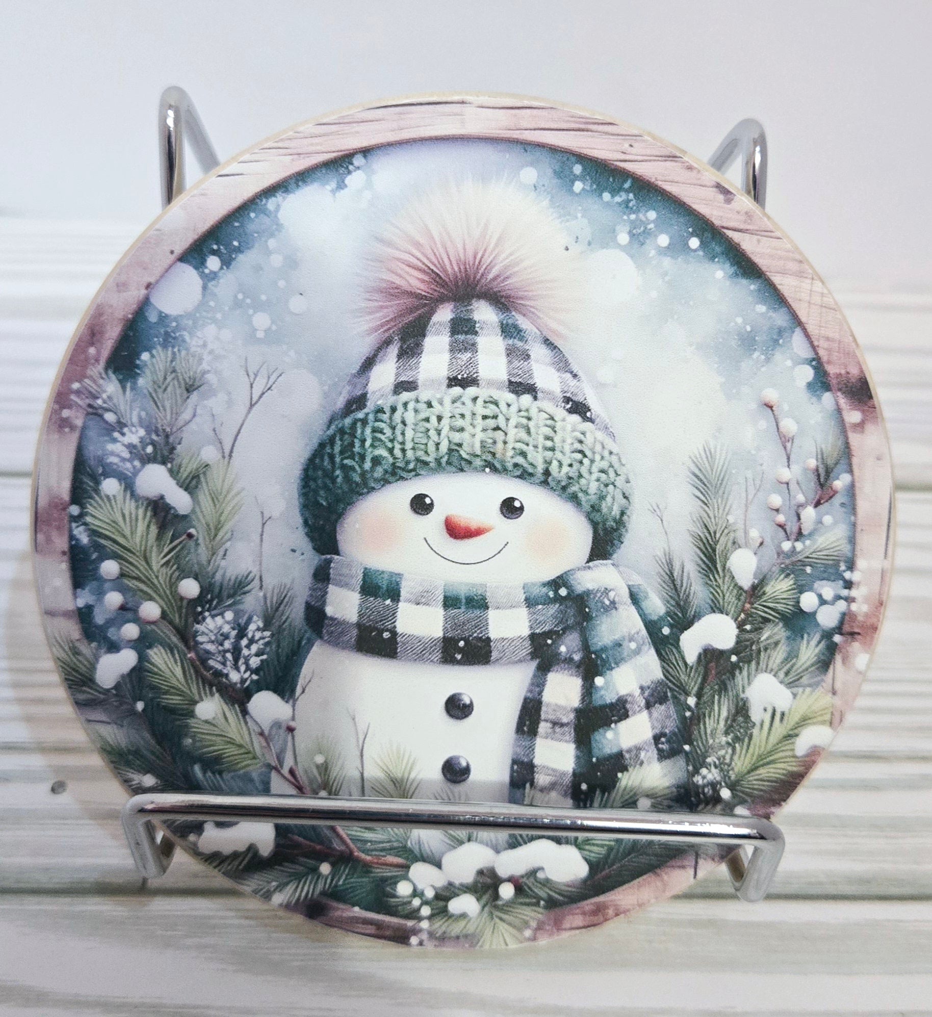 Snow man coaster with wood boarder
